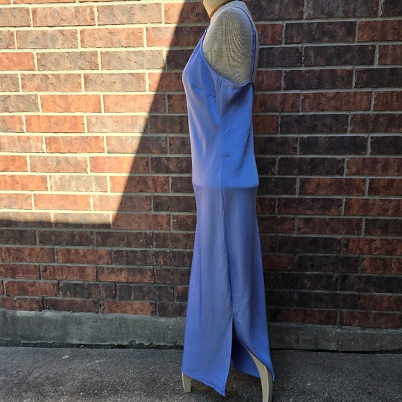 Express Satin V-Neck Downtown Cami Blue Slip Dress Size Medium Slits - Picture 6 of 11